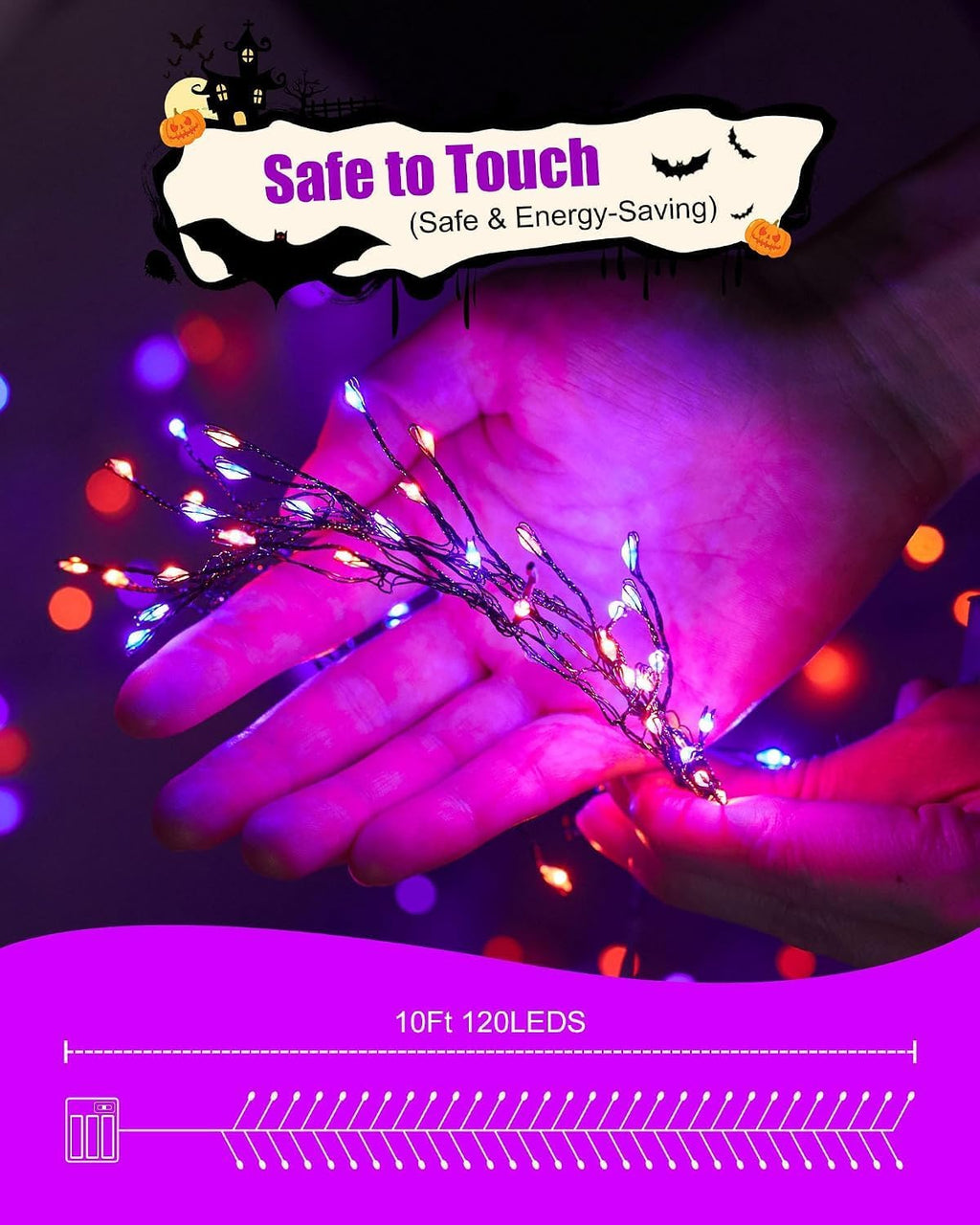 Brightown Halloween Fairy Lights Battery Operated, 10 FT 120LED Firecracker String Lights, Silver Wire Firefly Lights for Bedroom Home Haunted House Indoor Outdoor Holiday Decorations, Orange & Purple