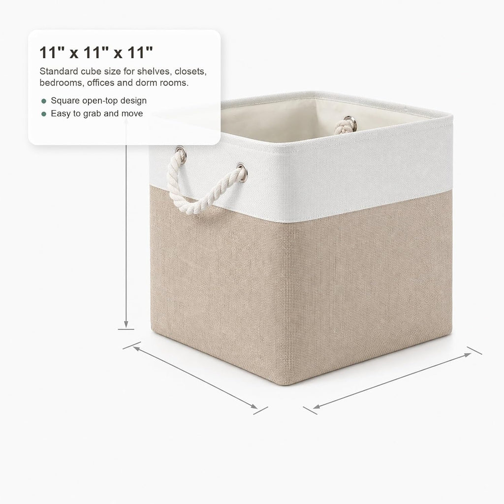 11x11 Inch Cube Storage Bins, 8 Pack Collapsible Fabric Storage Cubes with Rope Handles, Waterproof Foldable Storage Baskets for Cube Shelves, Closet, Clothes, Toys, Books, White & Beige Gold