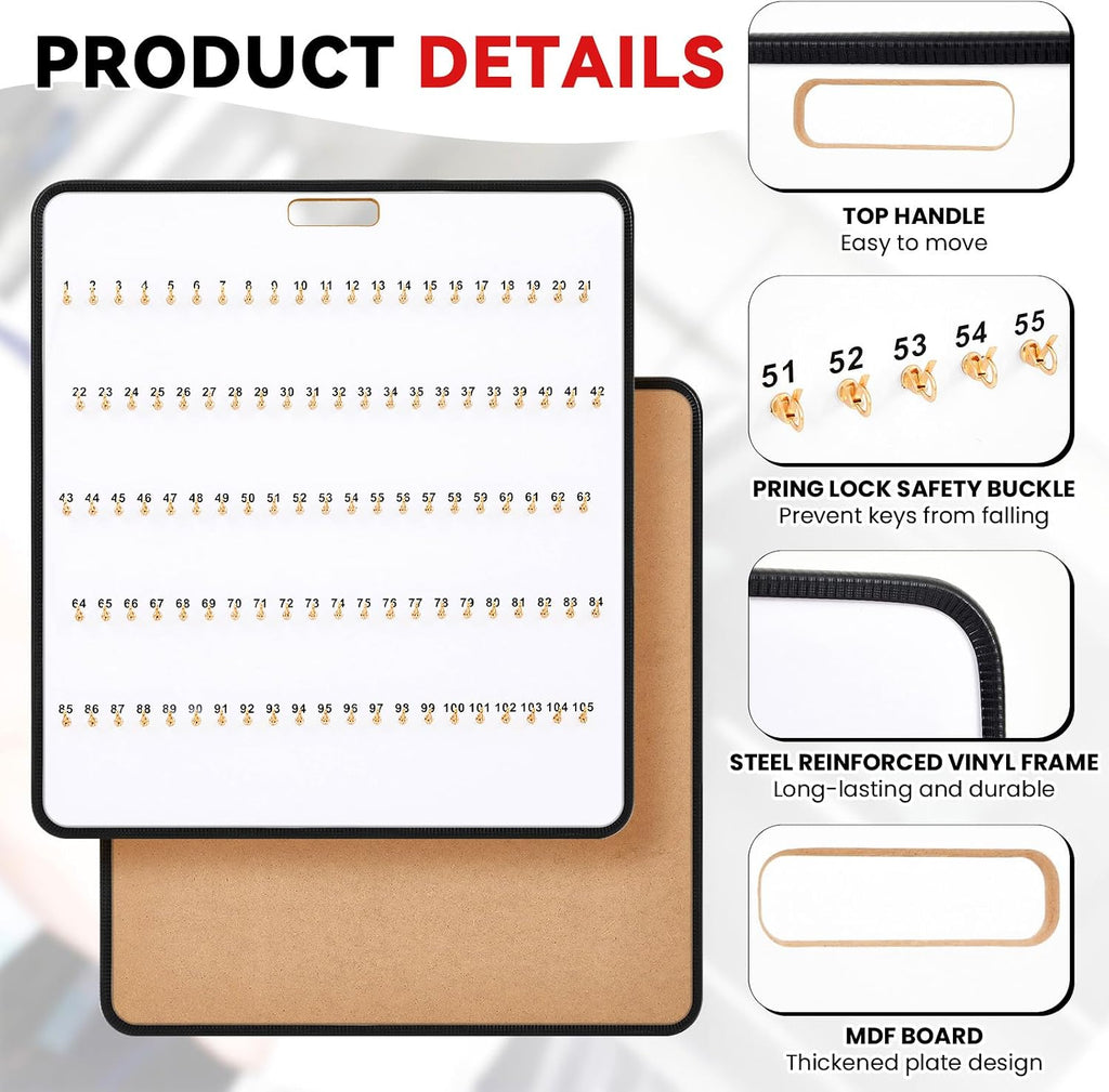 RattanView Key Hook Board Rack with 120 Pcs Plastic Tags Set 31.9 x 29.5 Inch Key Holder Wall Mount Organizer with 105 Hooks Self Closing Tabs Colored Labels for Car Hotels Office House Storage