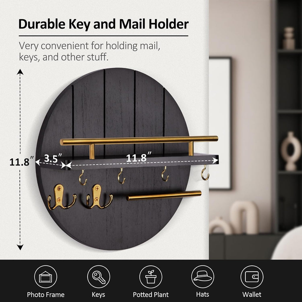 Nekon Key Holder Wall Mount, 11.8” Wood Mail Organizer for Wall, Black