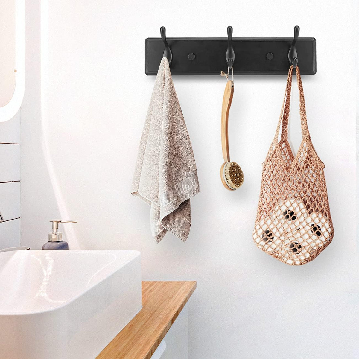Badiano Heavy Duty Wooden Coat Rack, Wall-Mounted Organizer, 14 Inch, Black