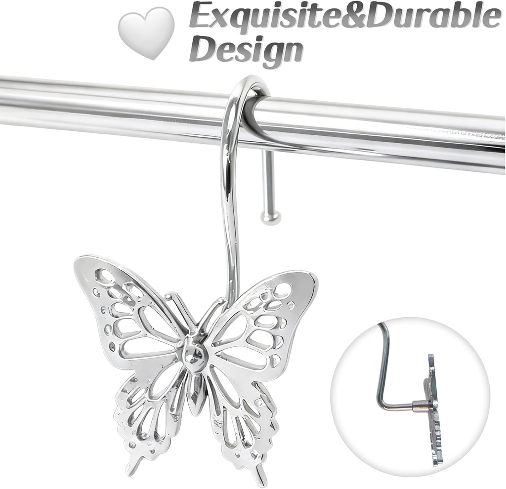 12PCS Decorative Shower Curtain Hooks, Metal Shower Curtain Rings, Rustproof Shower Curtain Hanger for Bathroom, Elegant Butterfly Design (Silver)
