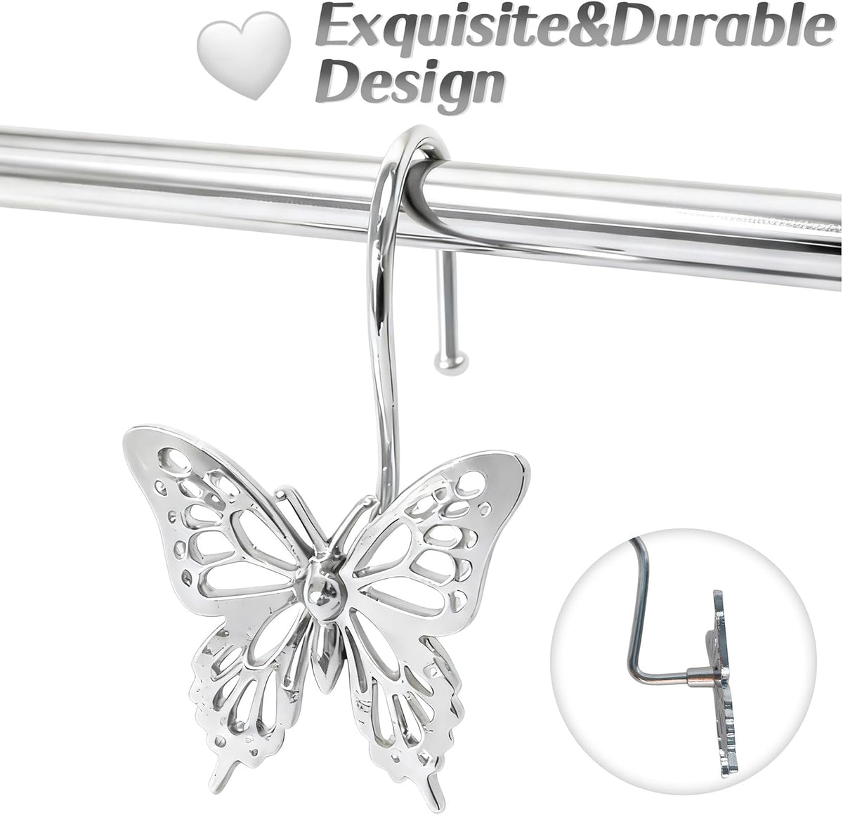 12PCS Decorative Shower Curtain Hooks, Metal Shower Curtain Rings, Rustproof Shower Curtain Hanger for Bathroom, Elegant Butterfly Design (Silver)