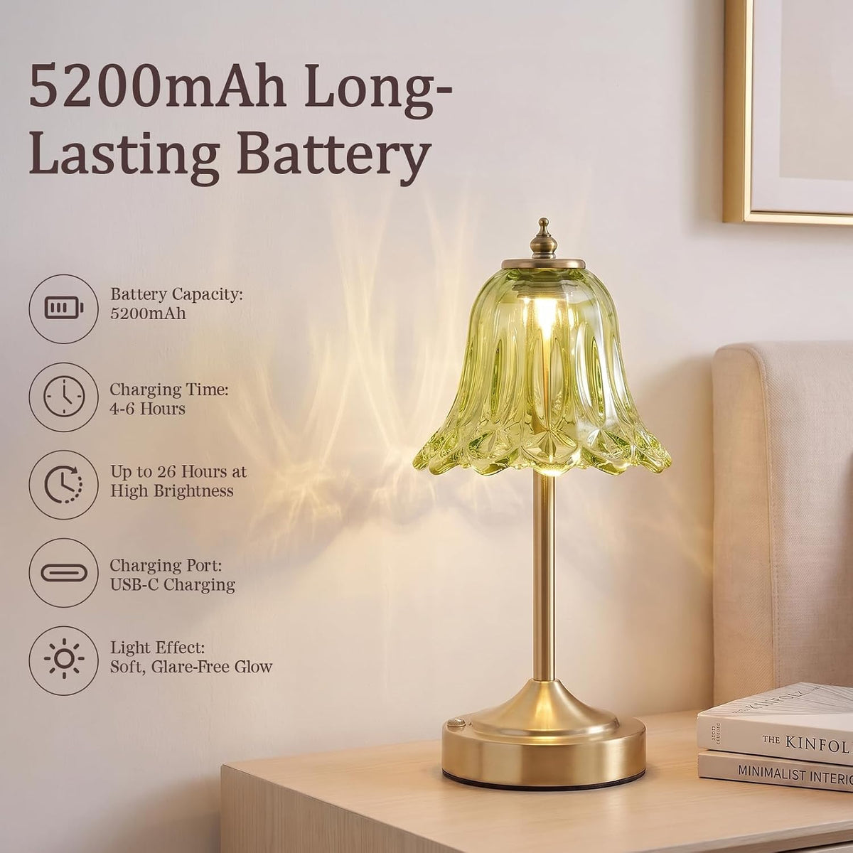 Cordless Table Lamp, Rechargeable Green Glass Tulip Flower Touch Lamp