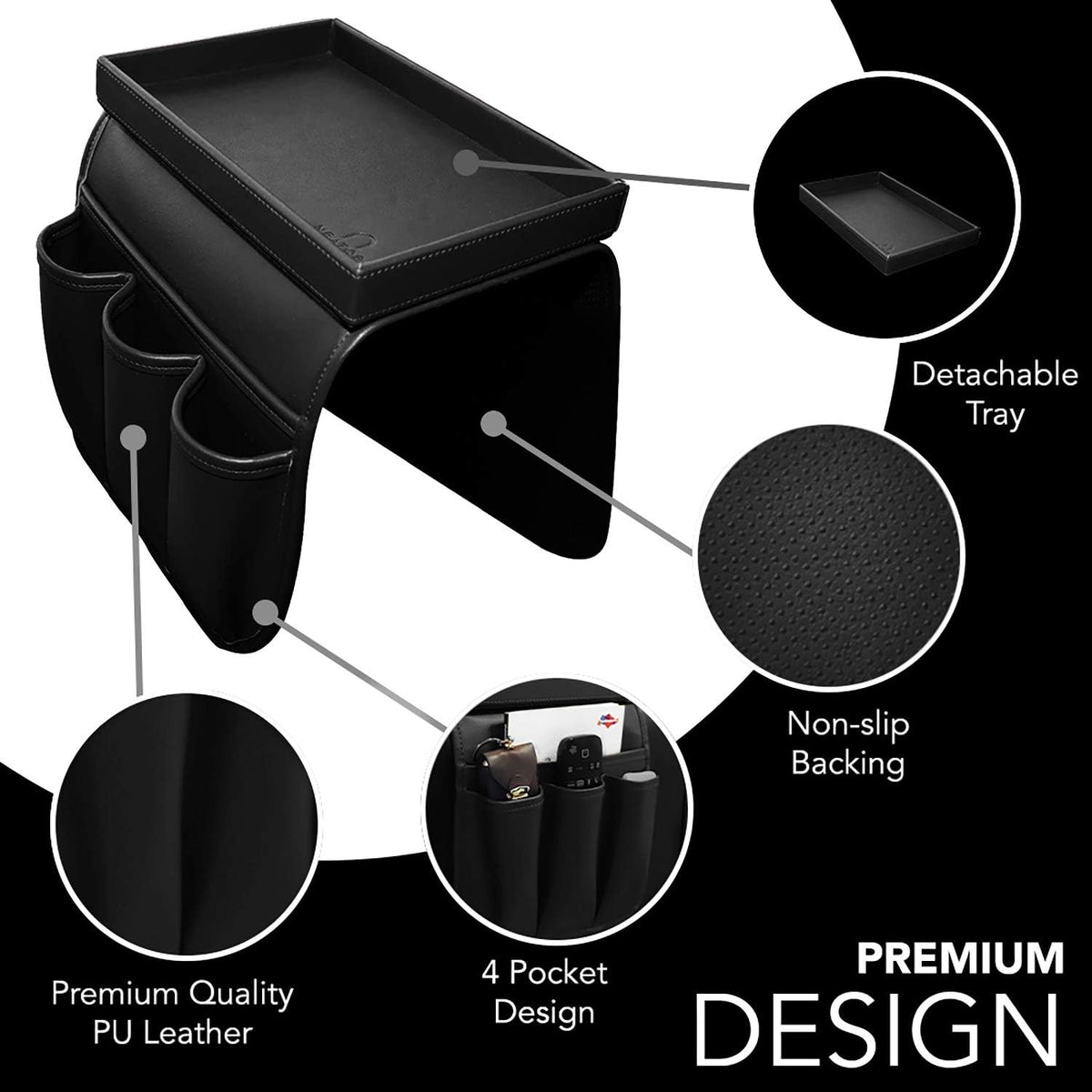 Couch Remote Caddy Control Holder Sofa Organizer with Detachable Wooden Snack Tray for Recliner Mattresses Chair Armrests with 4 Slots - 1 Large Pockets and 3 Small Pockets (Black)
