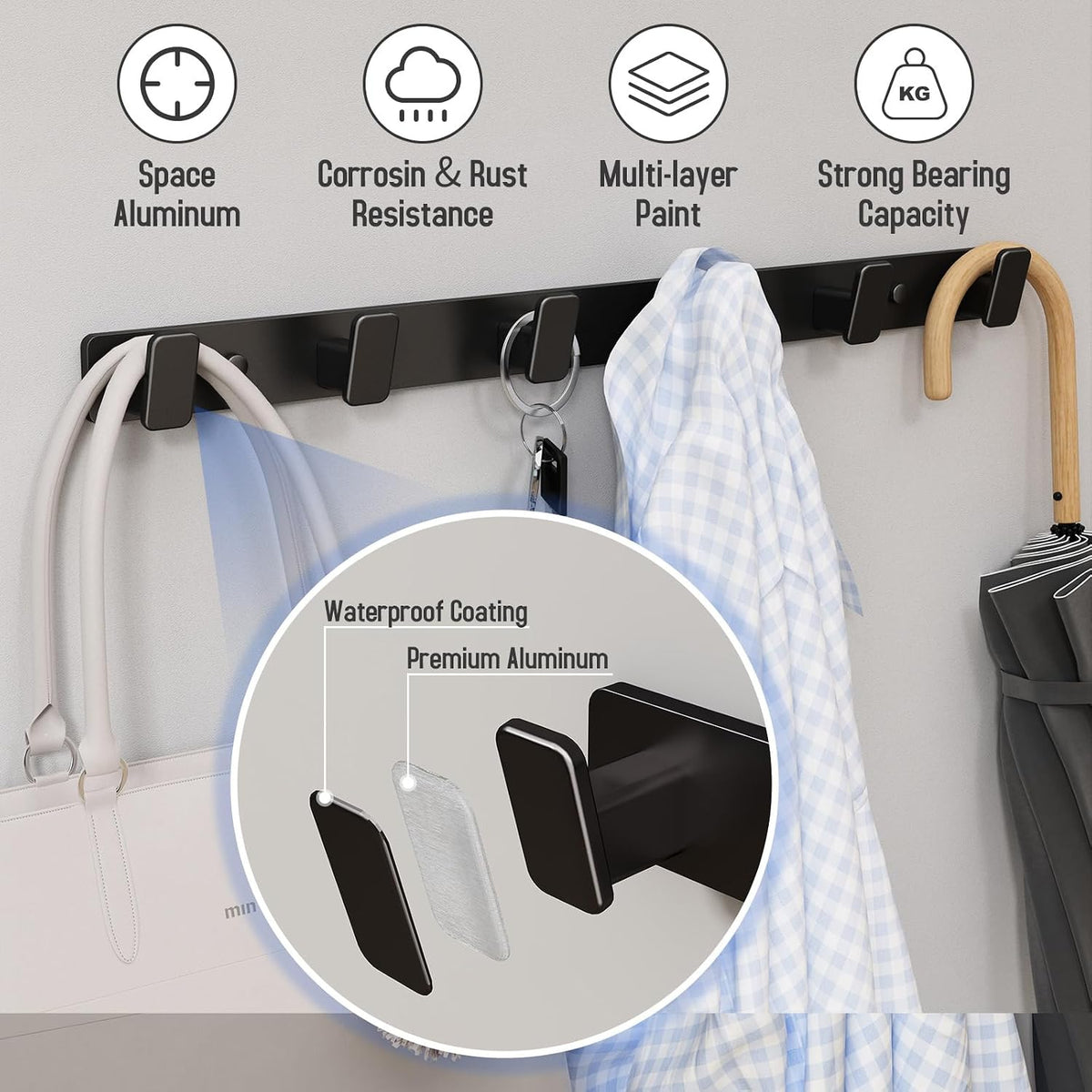 Black Wall Mount Coat Rack, 6 Wall Hooks For Hanging Key Holder Hat Hooks