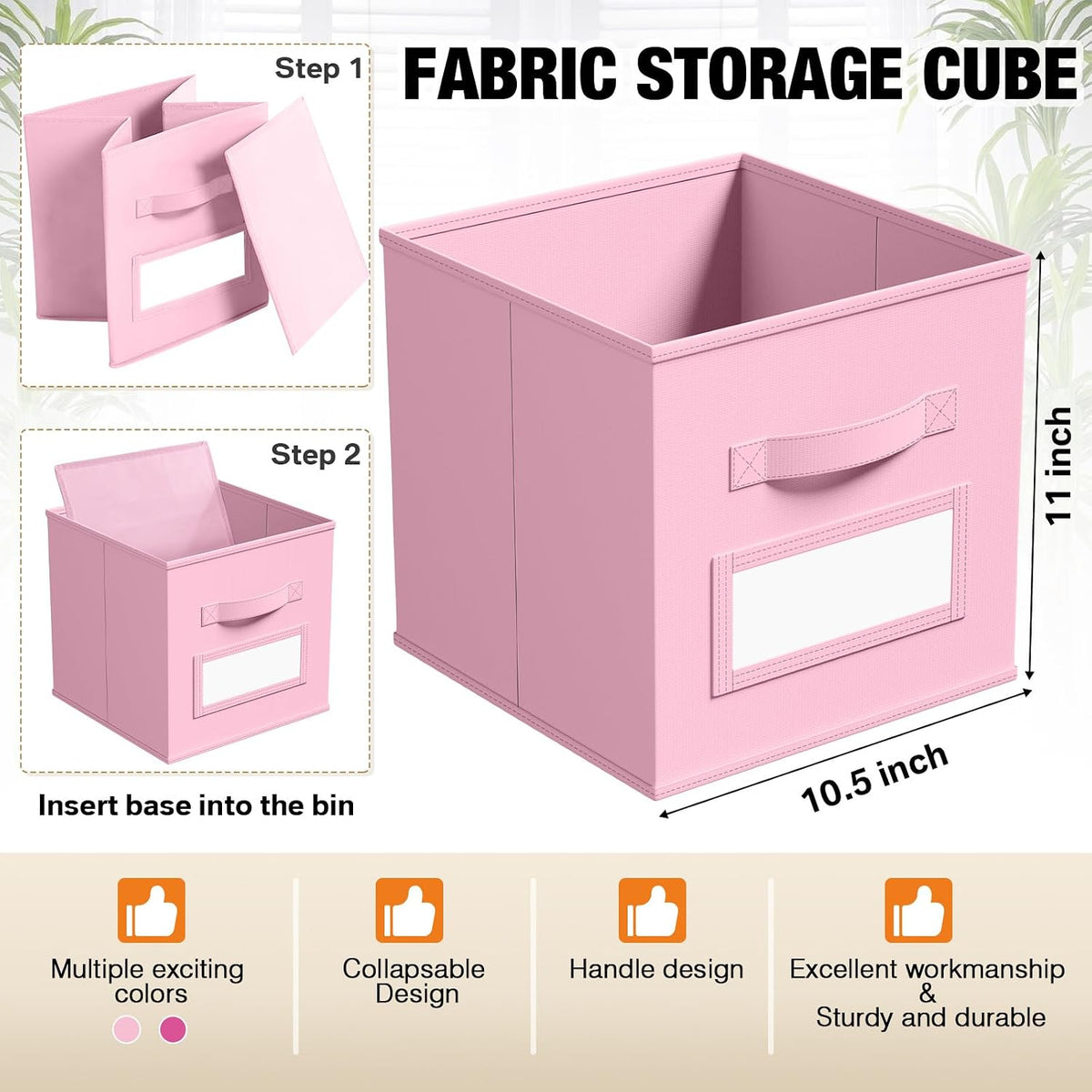 10 Pack Fabric Storage Cubes with Label 11" Collapsible Cube Bins, Pink