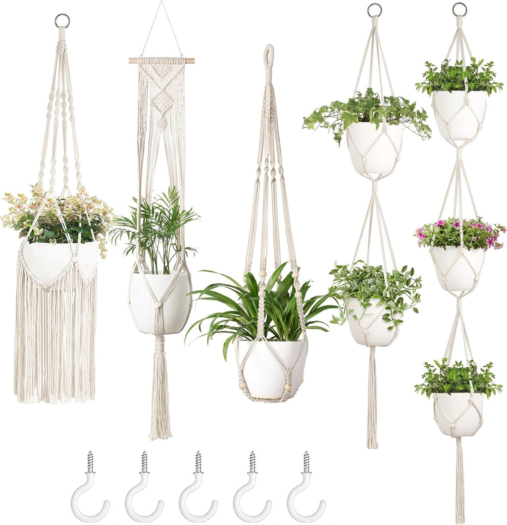 Mkono Macrame Plant Hanger 5 Pack Indoor Hanging Planters Basket with Hooks