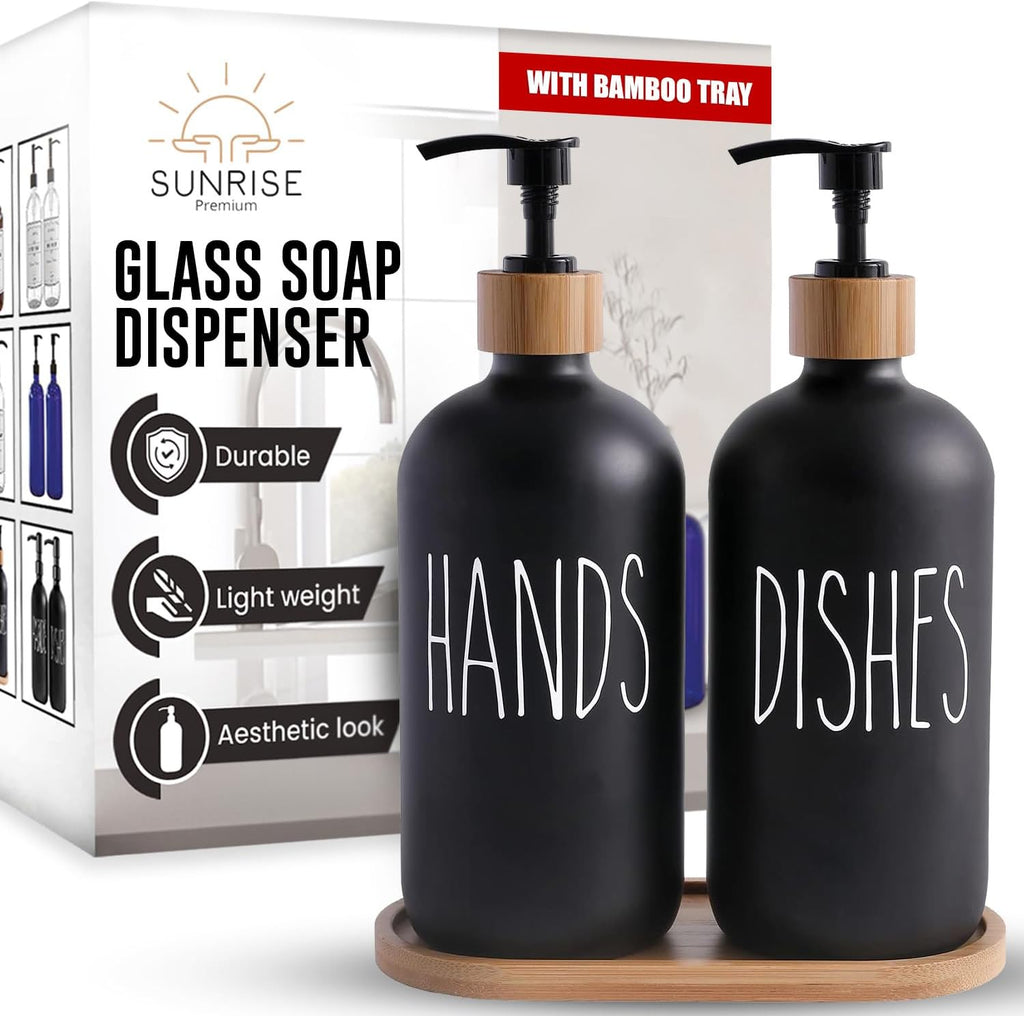 Sunrise Premium Black Glass Soap Dispenser, Bamboo Pump with Tray, 2 Pack