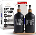 Sunrise Premium Black Glass Soap Dispenser, Bamboo Pump with Tray, 2 Pack