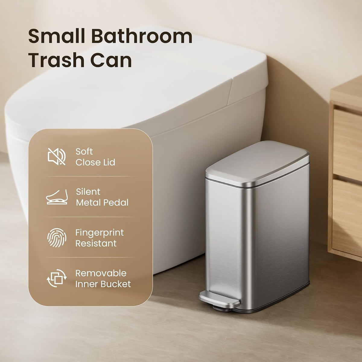 Cesun Slim Bathroom Trash Can with Lid, Soft Close, Silver, 6L/1.6 Gallon