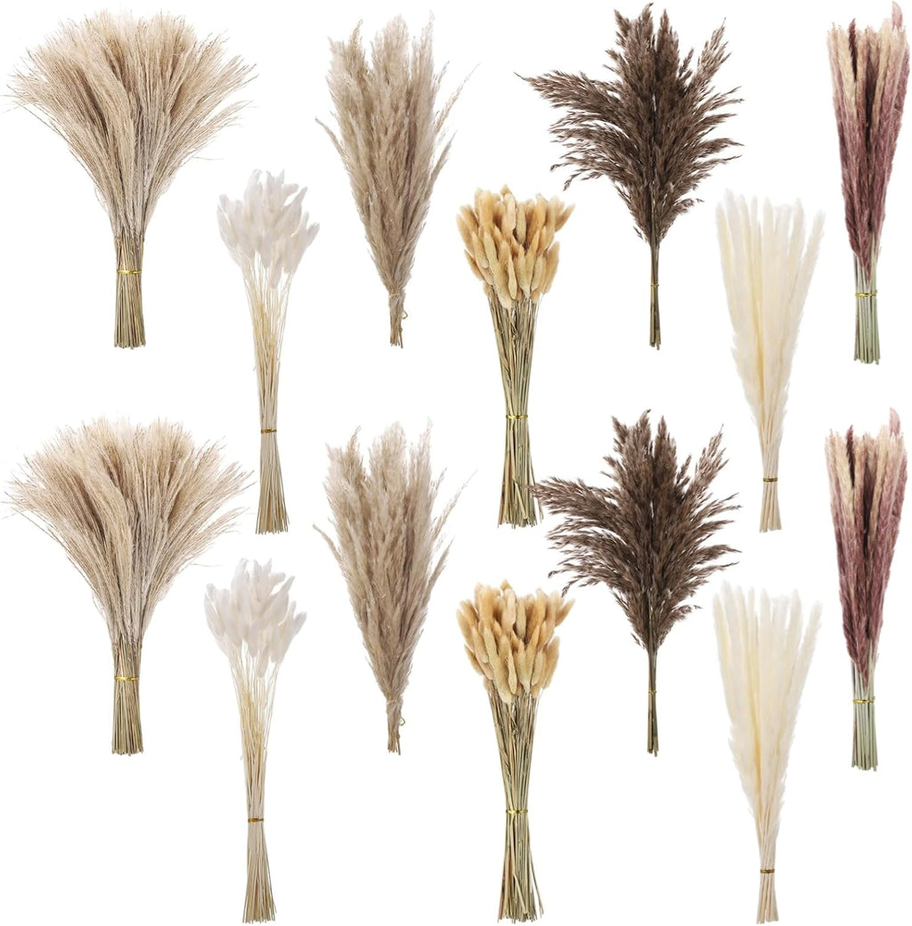 300 Pcs Dried Pampas Grass Bouquet - Natural Eucalyptus & Bunny Tail Grass, Boho Home Decor, Ideal for Wedding, Table, and Living Room Styling