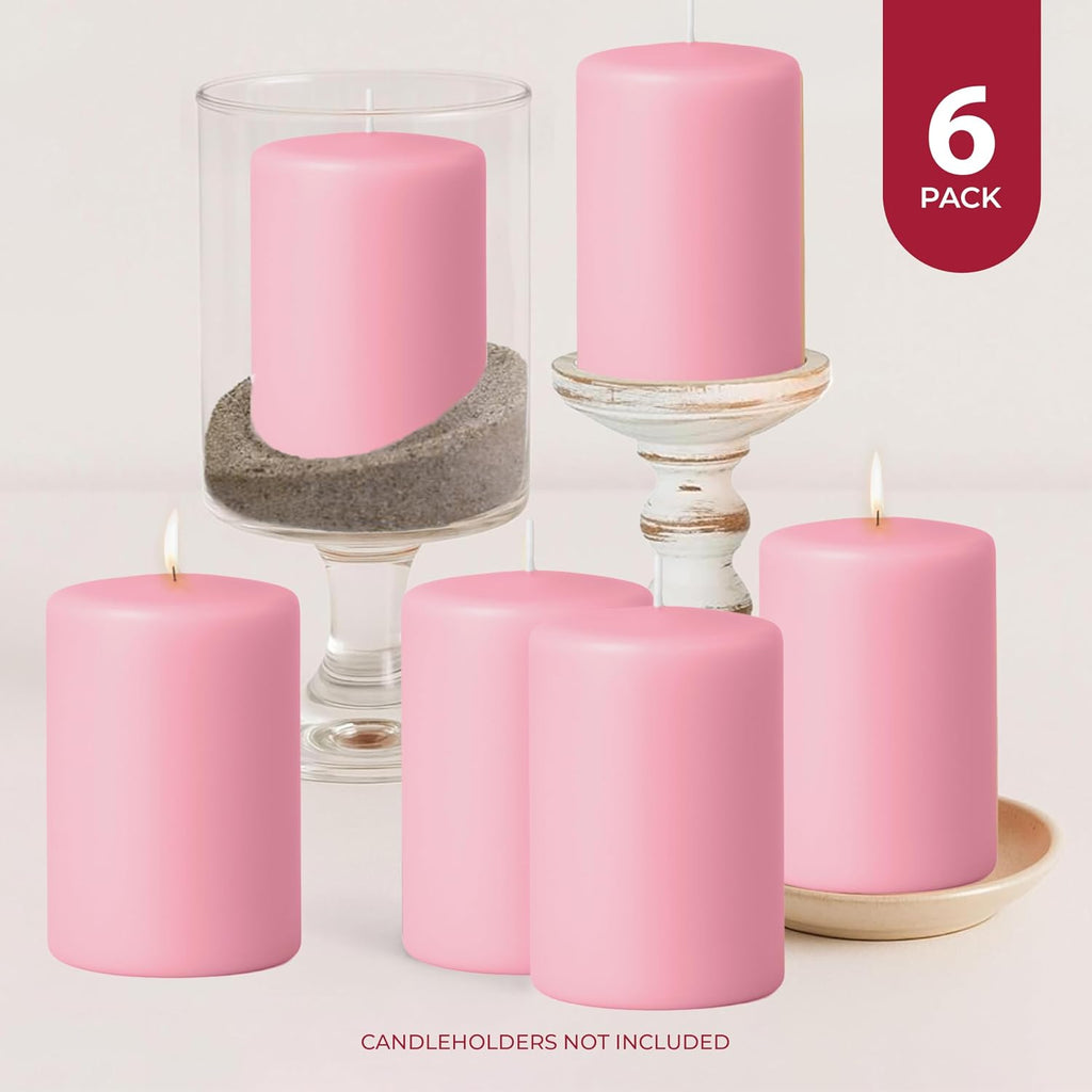 Biedermann & Sons Dusty Rose Pillar Candles (6 Pack), 4 Inch Tall 3 Inch Wide Round, Unscented Paraffin Wax, Approx 40 to 45 Hour Burn, Dripless Candles for Table Decor and Events