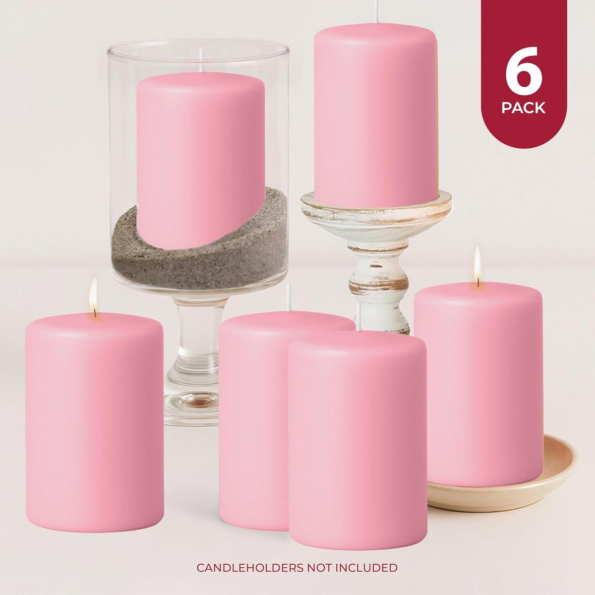 Biedermann & Sons Dusty Rose Pillar Candles (6 Pack), 4 Inch Tall 3 Inch Wide Round, Unscented Paraffin Wax, Approx 40 to 45 Hour Burn, Dripless Candles for Table Decor and Events