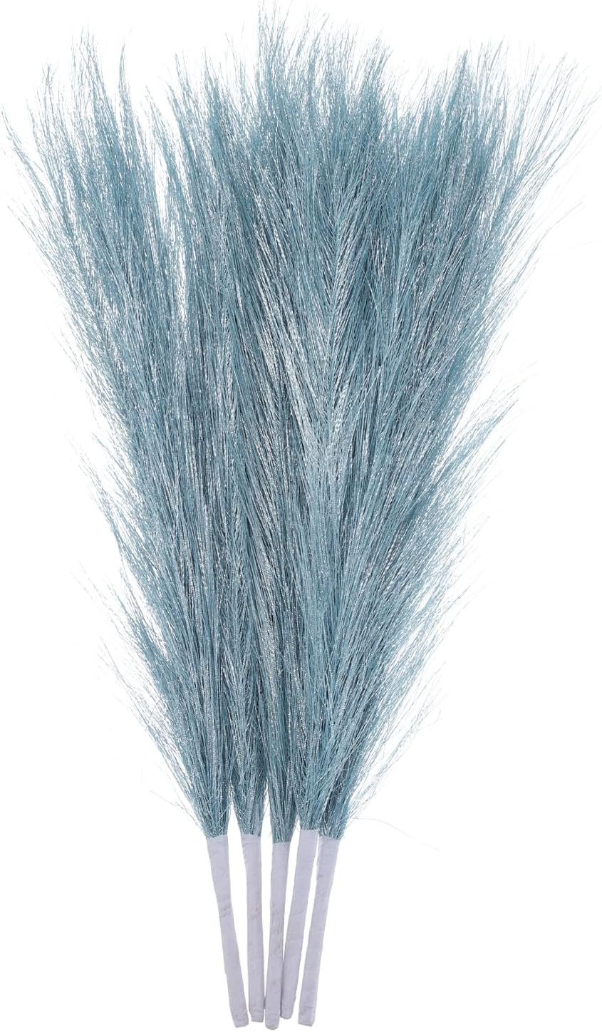 MECCANIXITY 5Pcs Faux Pampas Grass Small 45cm/17.7" Fake Fluffy Pampas Grass 7 Branches Artificial Vase Filler for Home Office Vase Wedding Decoration Light Blue