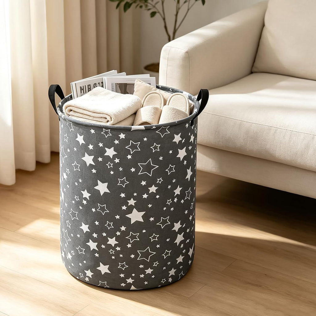 Round Fabric Collapsible Storage Basket with Handles,Grey star