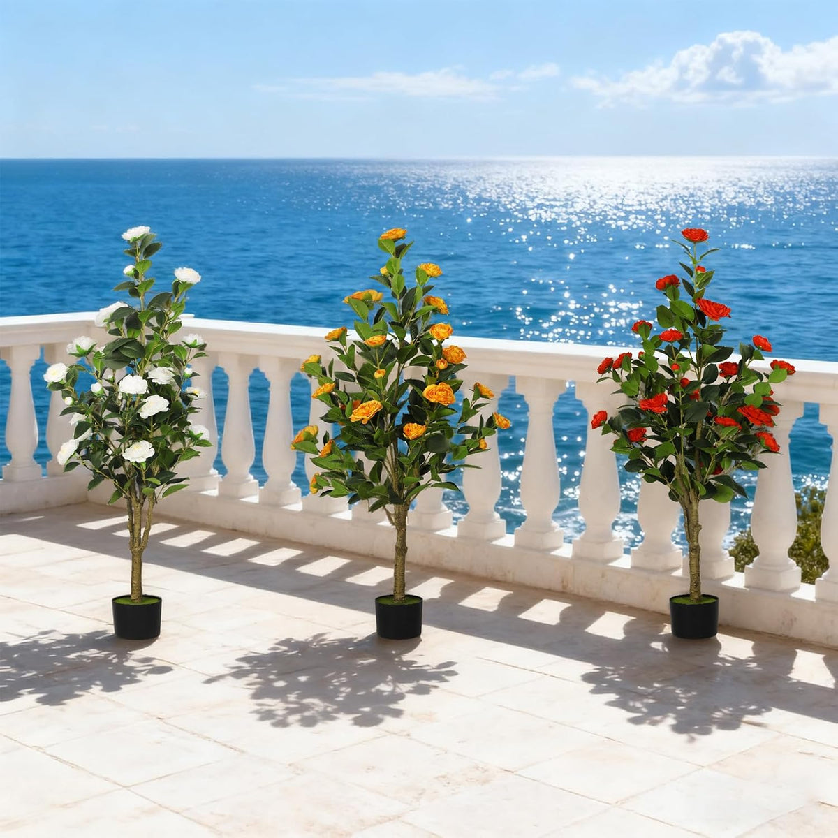 2-Pack 4FT Artificial Camellia Tree,Realistic Fake Potted Plants with Flowers&Planters,Indoor/Outdoor Faux Flowering Trees for Home,Office,Porch,Wedding,and Housewarming Gift Decor,White