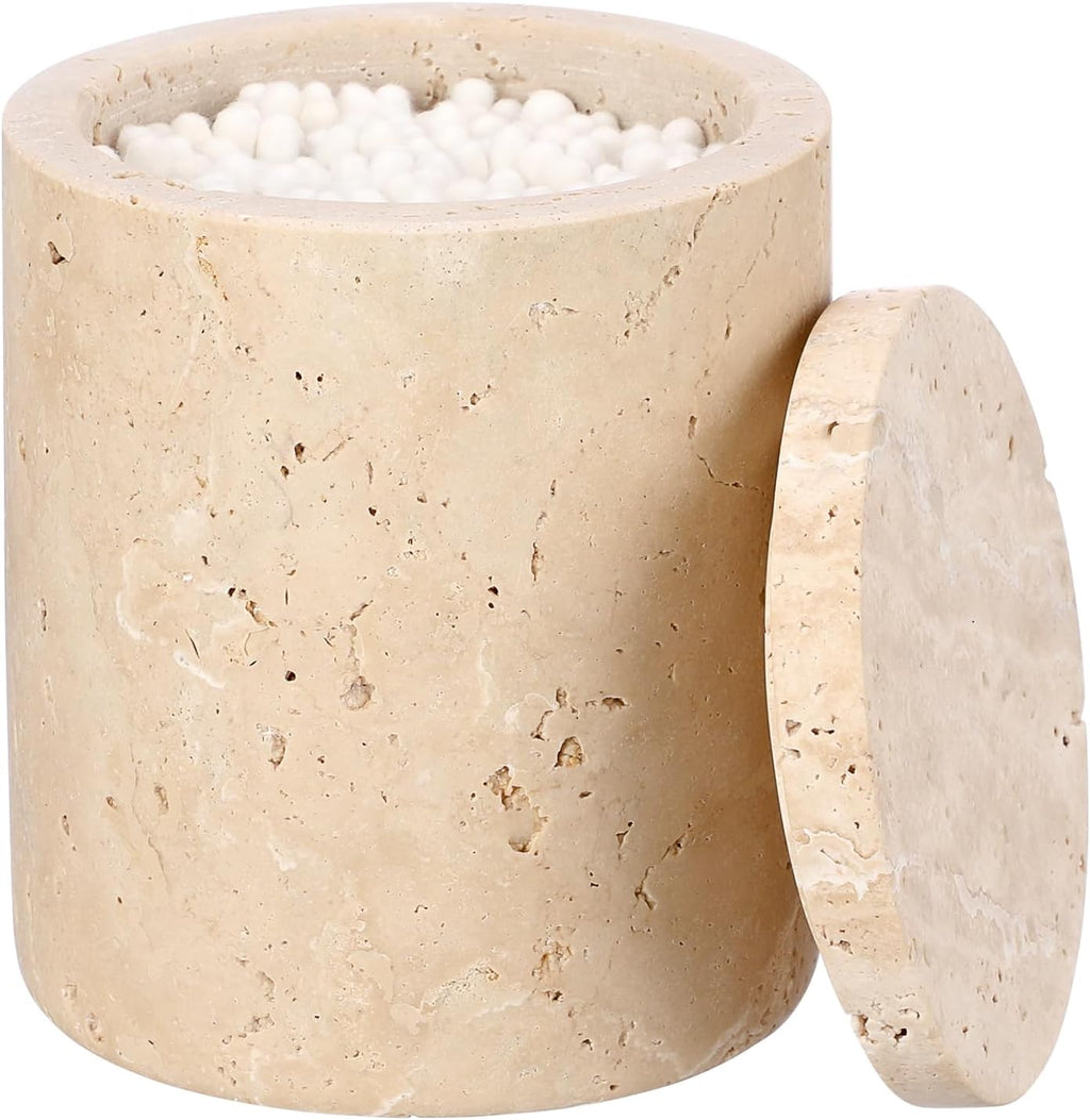 Travertine Qtip Holder with Lid Natural Bathroom Canister Storage