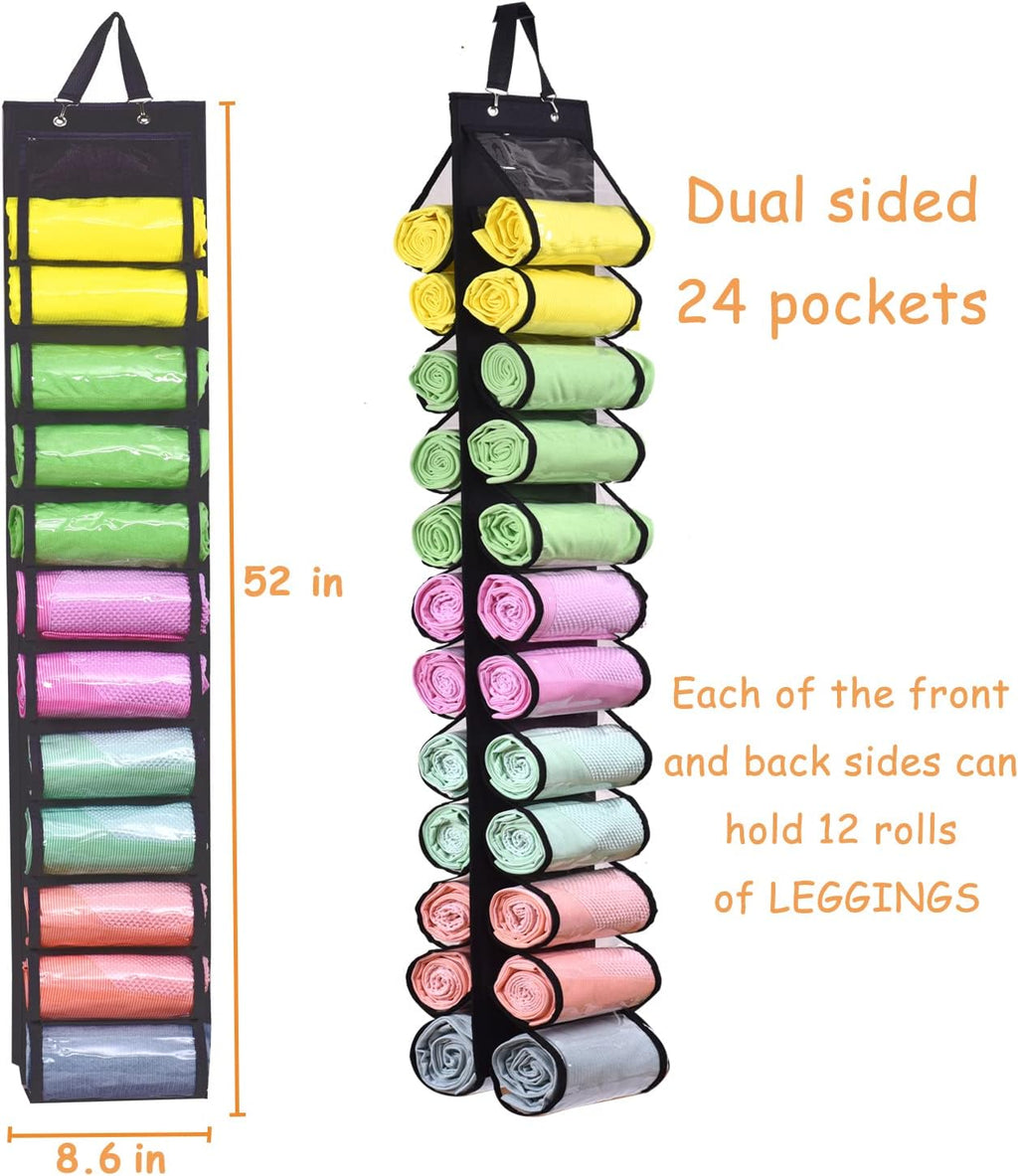 Legging Storage Bag Storage Hanger Can Holds 24 Leggings or Shirts Jeans Compartment Storage Hanger, Foldable Leggings Organizer Clothes Portable Closets Roll Holder (Black)