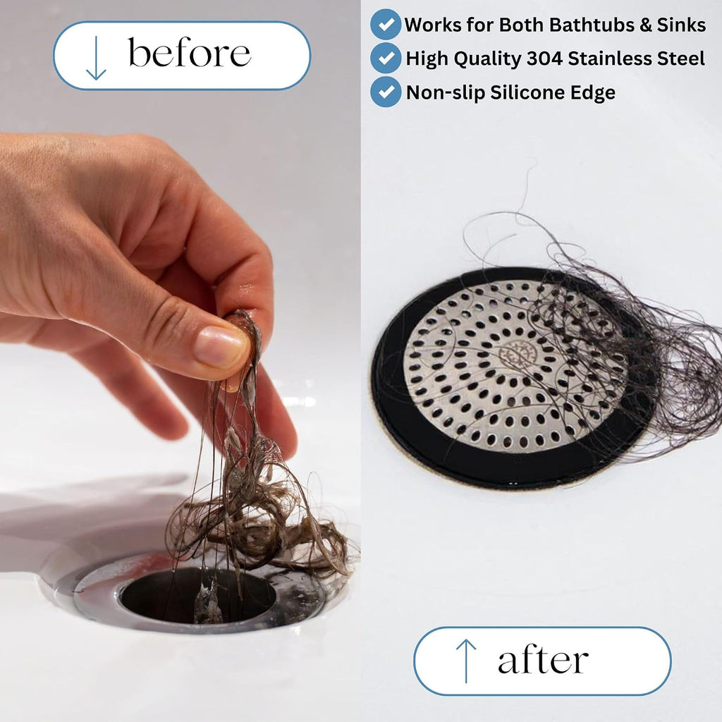 Drain Hair Catcher & Stopper Combo – Tub ShowerRing + StopRing Set for Bathtub & Sink | Stainless Steel Strainer + Silicone Drain Plug | Clog-Free, Universal Fit (Black, 2 Pack)