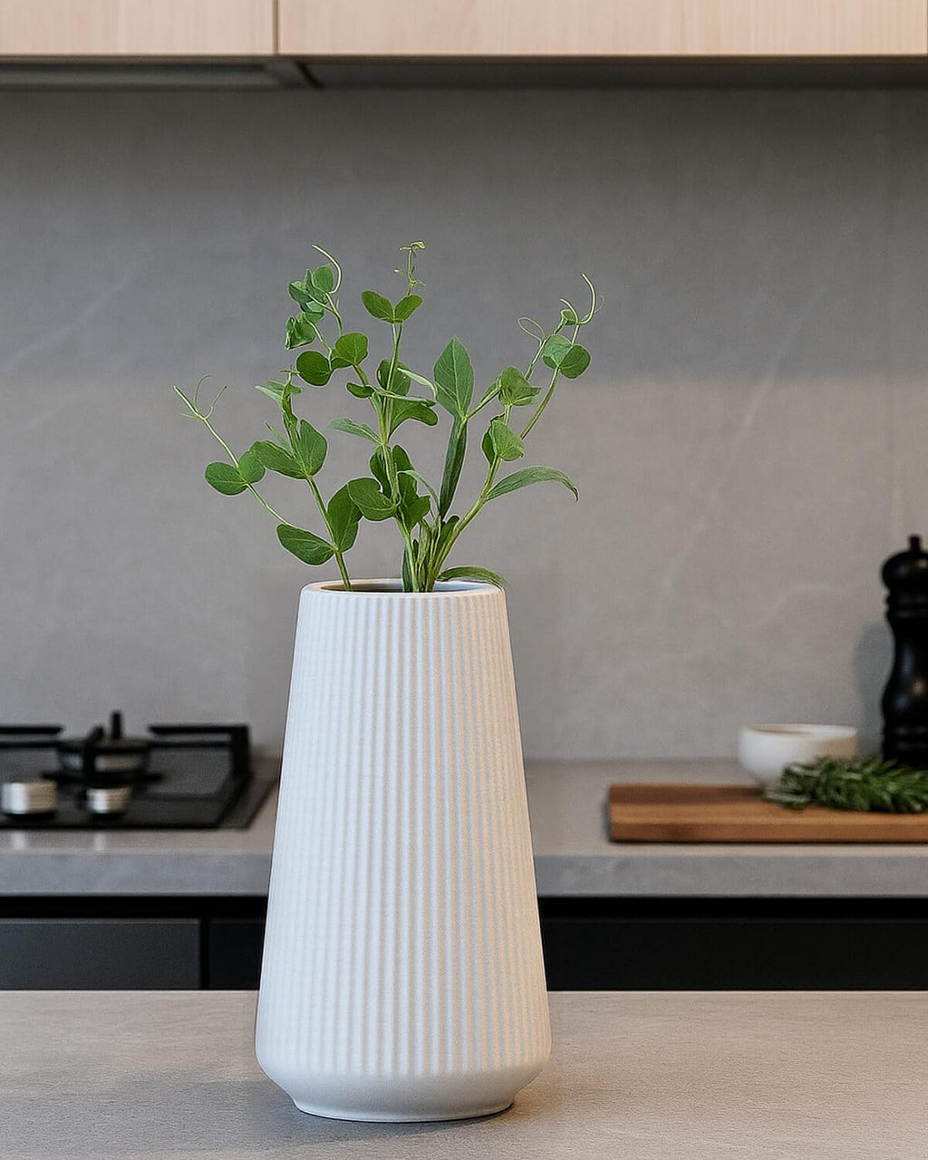 vensovo 8 Inch Glossy White Ceramic Vase, Ribbed Narrow Neck Flower Vase
