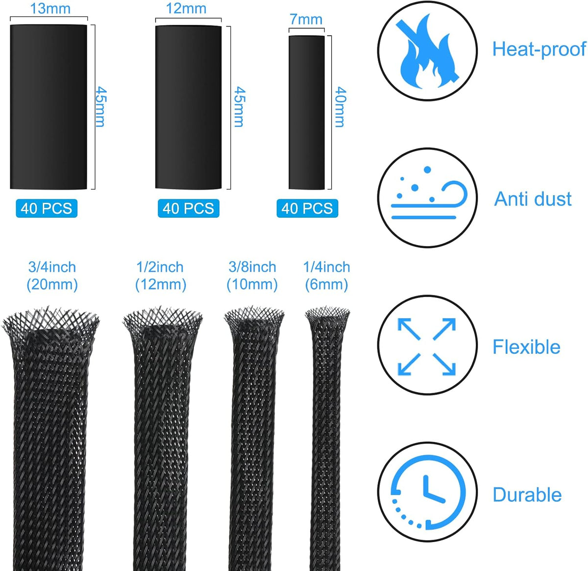 Tatuo 65.6ft Braided Cable Sleeve Expandable Wire Sheathing(Black)