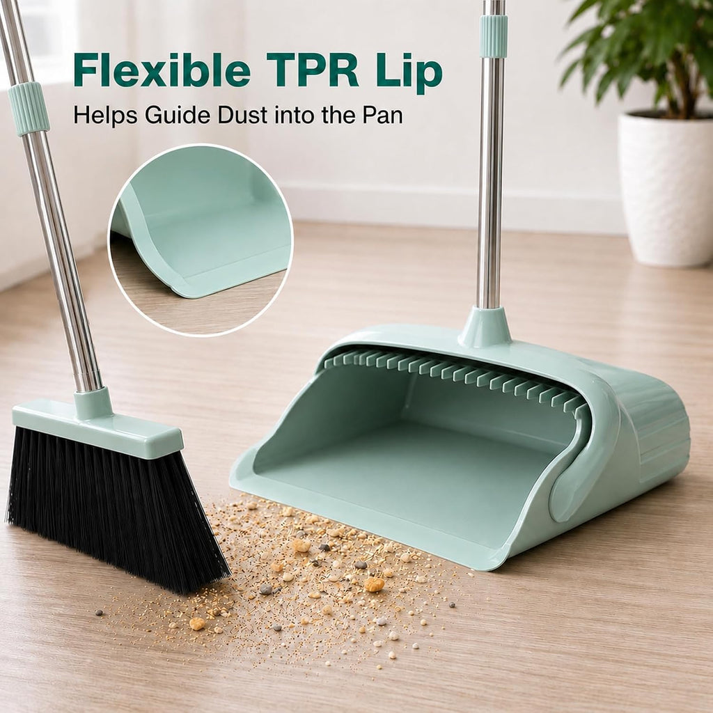 Broom and Dustpan Set, 52-Inch Adjustable Long Handle with Self-Cleaning Comb Teeth, Flexible TPR Lip and Foot-Assisted Fold-Up Dustpan for Pet Hair, Dust, Crumbs and Hard Floors, Green