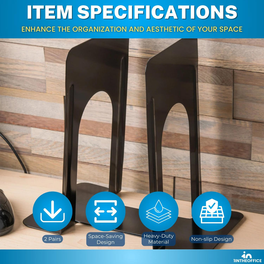 1InTheOffice Bookends for Shelves, Metal Bookends, 4 3/4" x 5 1/4" x 5", Non-Slip, Black, 4 Pack