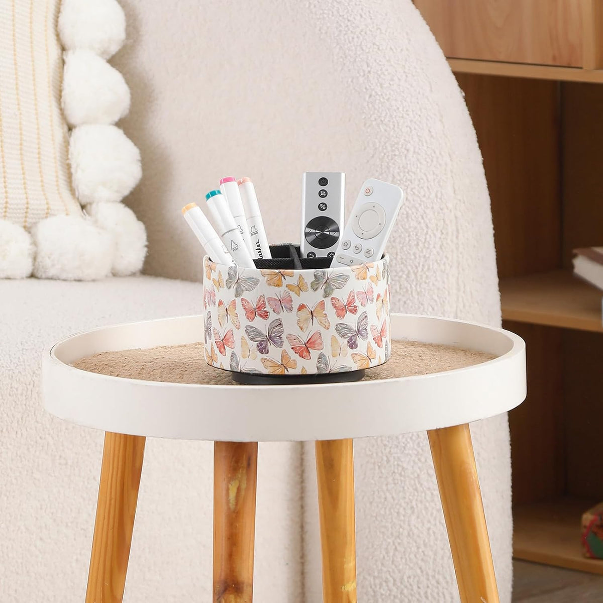 360 Degree Rotating Remote Control Holder for Table, PU Leather Spinning End Table Organizer Caddy, Cute Remote Control Caddy for Office Supplies, Makeup Brushes, Butterfly PH130