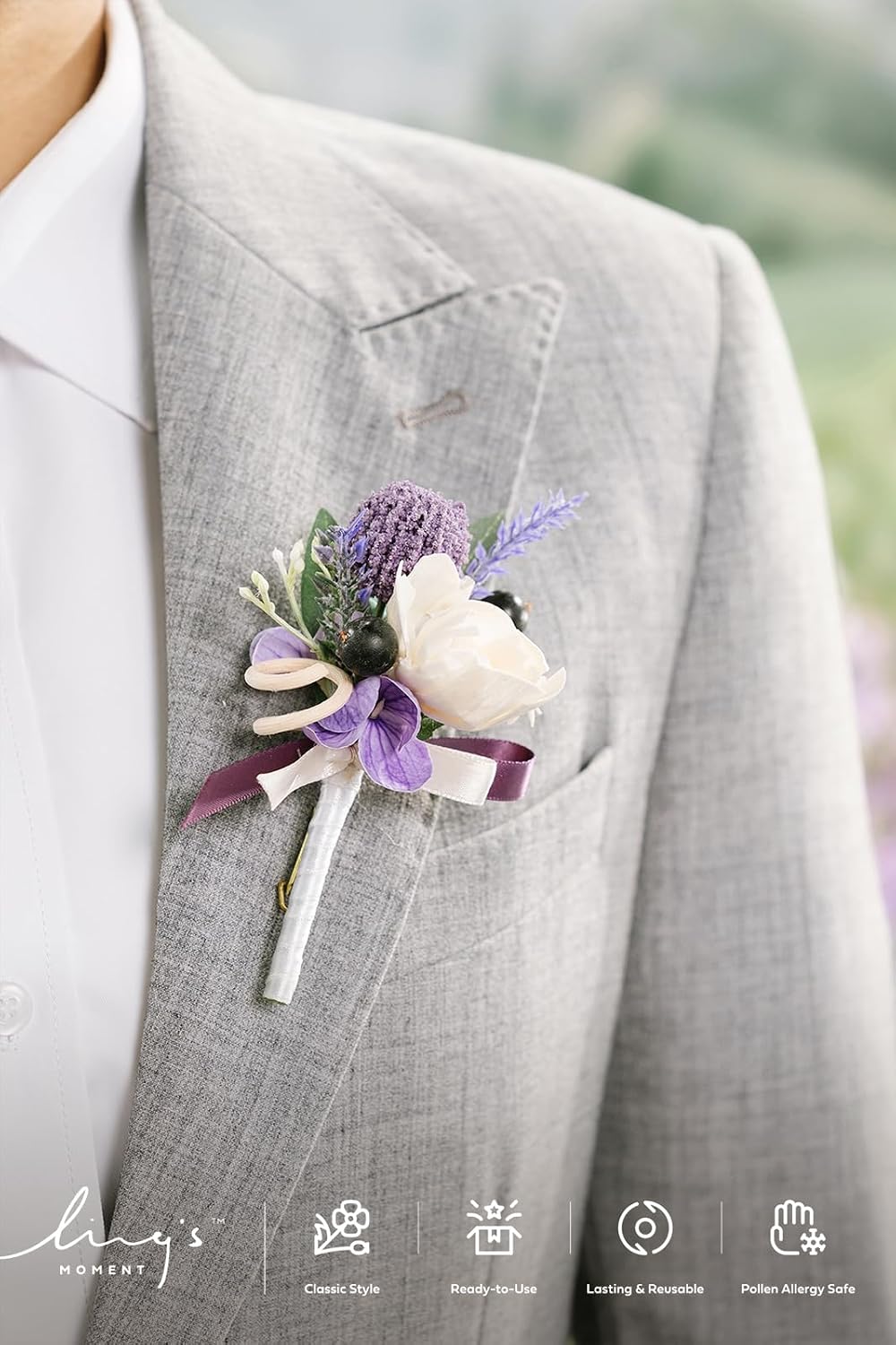 Ling's moment Boutonniere for Men, Purple Lavender Lilac, 6pcs