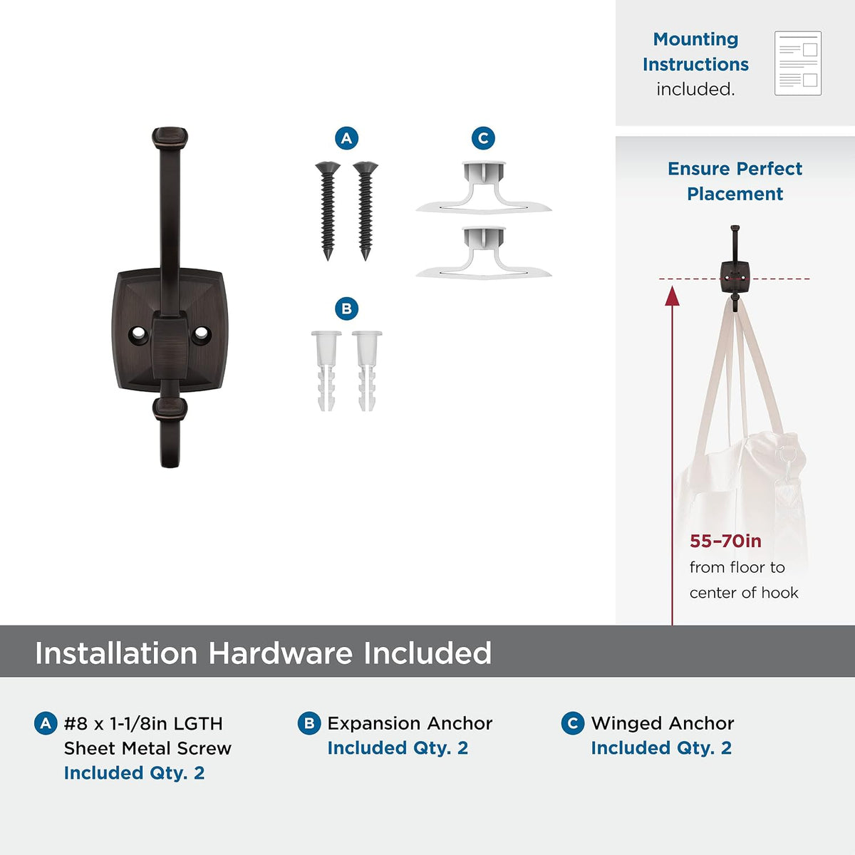 Amerock Kinsale Double Prong Oil-Rubbed Bronze Wall-Mounted Hook