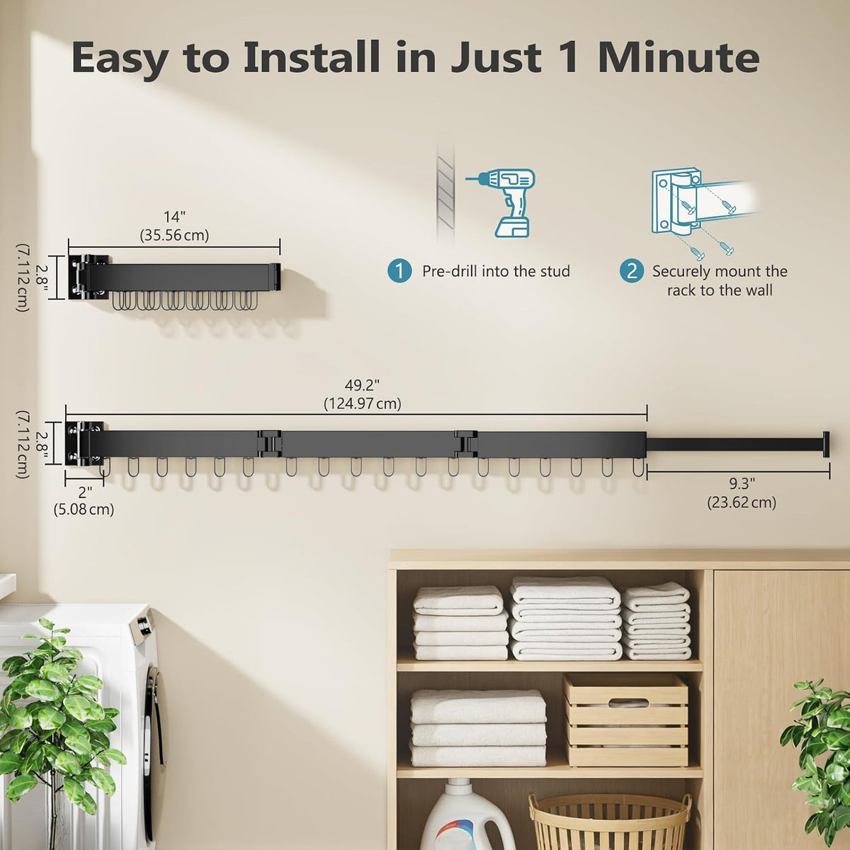 JAUREE Clothes Drying Rack Wall Mounted, Space-Saving Drying Rack Clothing, Collapsible Foldable Retractable Laundry Rack with 18 Hooks, Indoor/Outdoor, Black