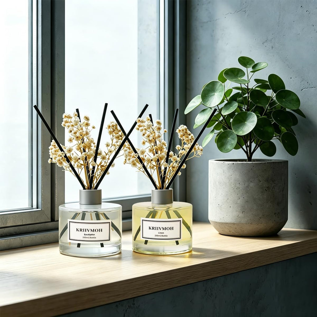 Reed Diffuser Set, 6.7 fl oz Eucalyptus Linen Scented Oil Diffuser with 8 Reed Sticks, Home Fragrance Reed Diffuser for Bathroom Shelf Decor 200ml