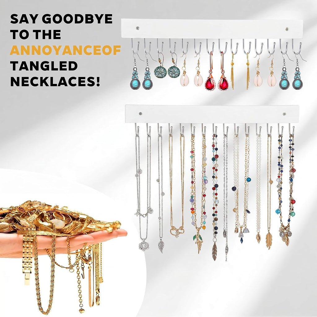 4 Pack Necklace Holder Wall Mount, Tangle-Free Wall Necklace Organizer with 14 Hooks, Wooden Jewelry Hanger, for Chains, Bracelets, Earrings, White