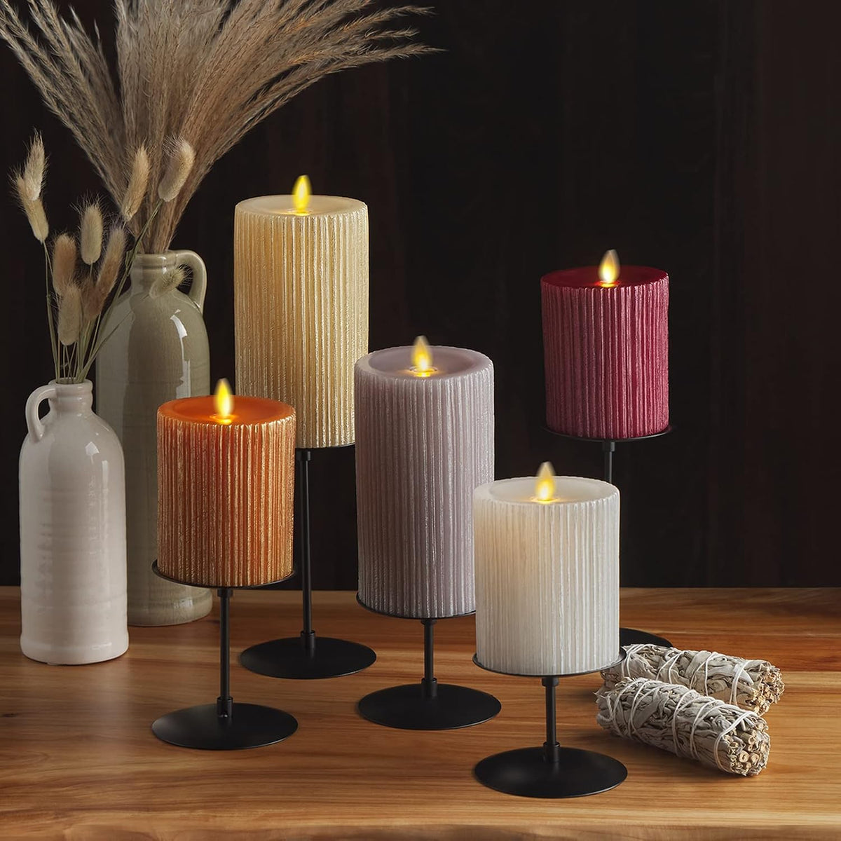 Luminara - Flameless Flickering Real Wax Moving Flame Battery Operated Unscented Candle LED Décor & Gift- Embossed Pillar Collection - Everyday Metallic Furrow, Grey (3.25" x 6.5")