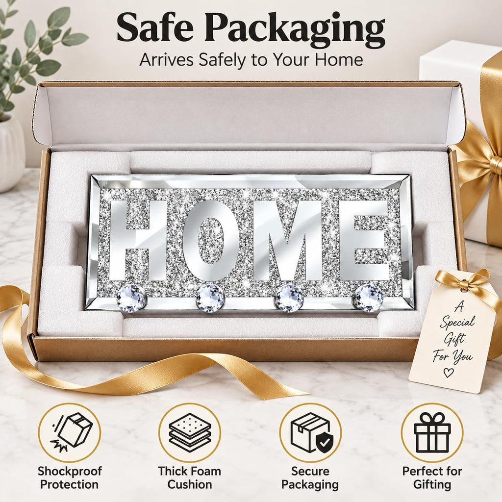 SHYFOY Mirrored Key Holder for Wall, Silver Home Sign with 4 Crystal Hooks