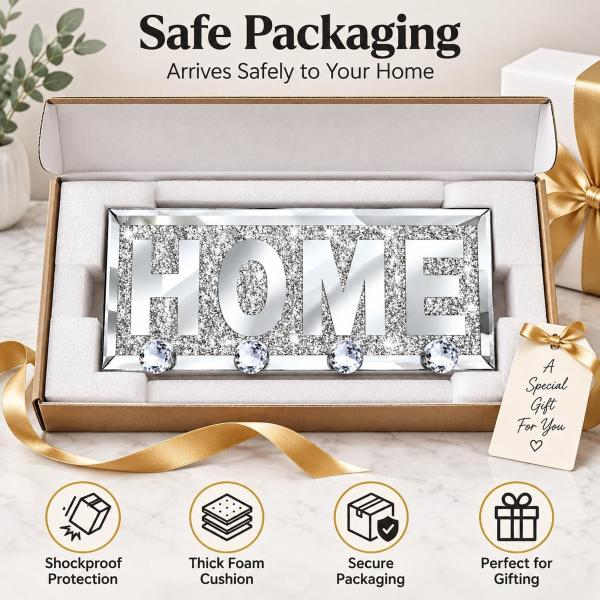 SHYFOY Mirrored Key Holder for Wall, Silver Home Sign with 4 Crystal Hooks