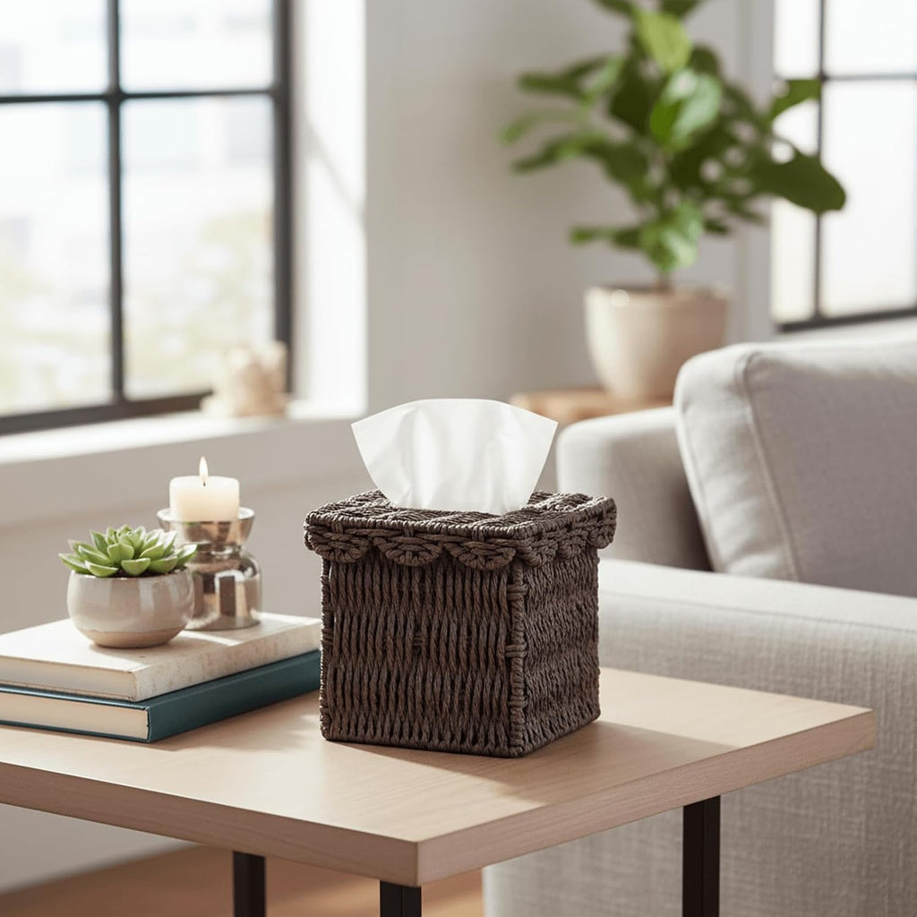 CubesLand Square Wicker Tissue Box Cover W/Scalloped Lid for Home Decor