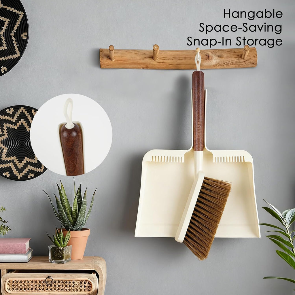 Hand Broom and Dustpan Set,with Sapele Wood Handle,Beige