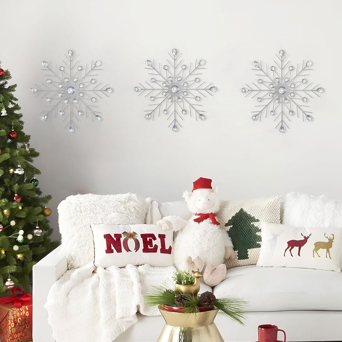 ZEXUIRU 3 Set Snowflake Wall Decor Living Room Bedroom Entryway Metal Bling, Crystal Rhinestone Starburst Sunburst Sparkling Wall Art Decor Silver Metal Christmas Decoration-Silver 13in