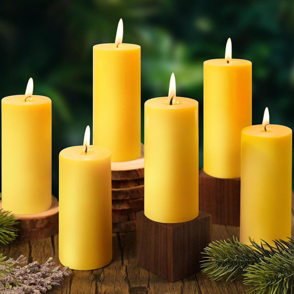 6 Pack Natural Beeswax Pillar Candles, Organic Unscented Candles