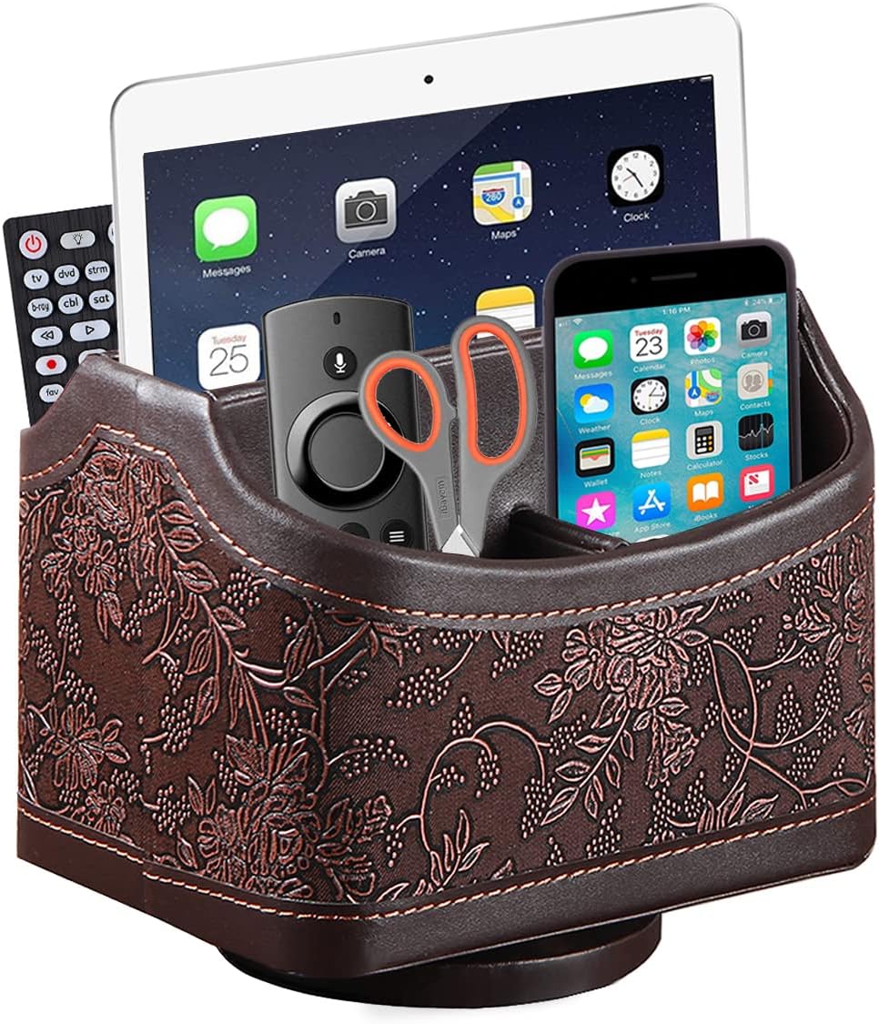 PU Leather Remote Control Organizer with 360° Spinning Design,Desk Organizer for TV Remote,Phone,Pen,Glasse,Mail,Tablet,Calculator,Controller-Home & Office Storage Caddy (Antique Brown)
