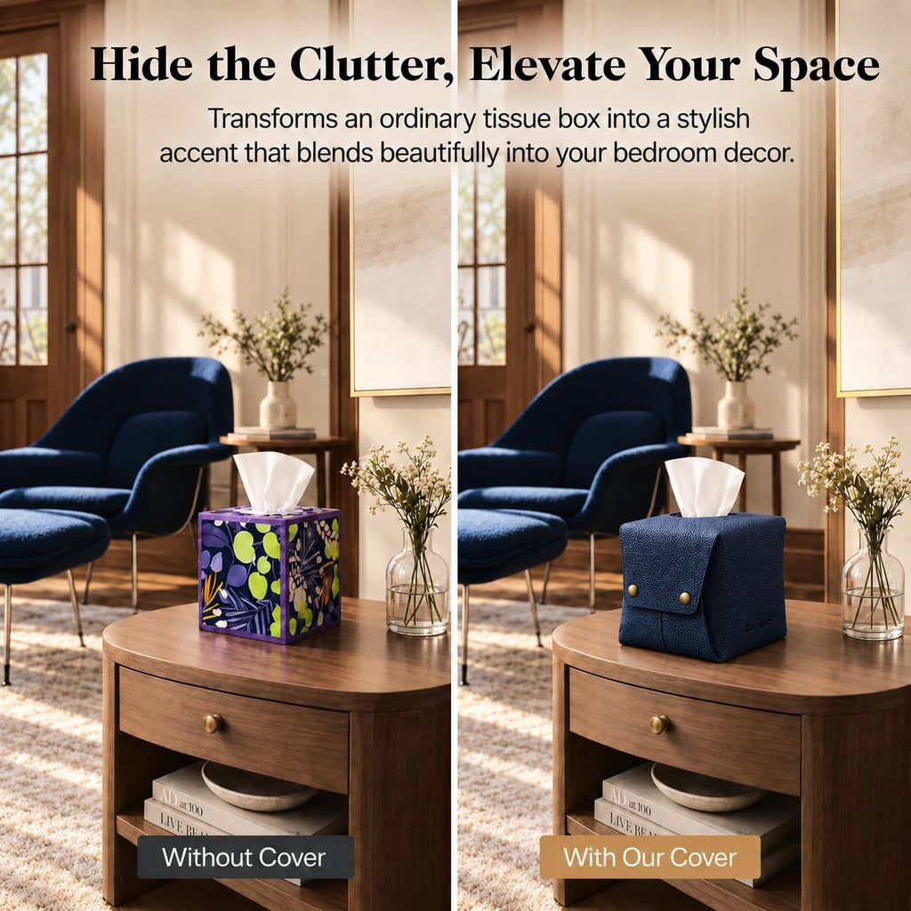 Grained Faux Leather Tissue Box Cover Square, Navy Blue