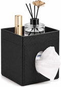 LAMOTI Leather Tissue Box Cover with Storage Tray, Square Facial Tissue Box Holder for Bathroom, Office Table, Countertop, Night Stand & More (Black)