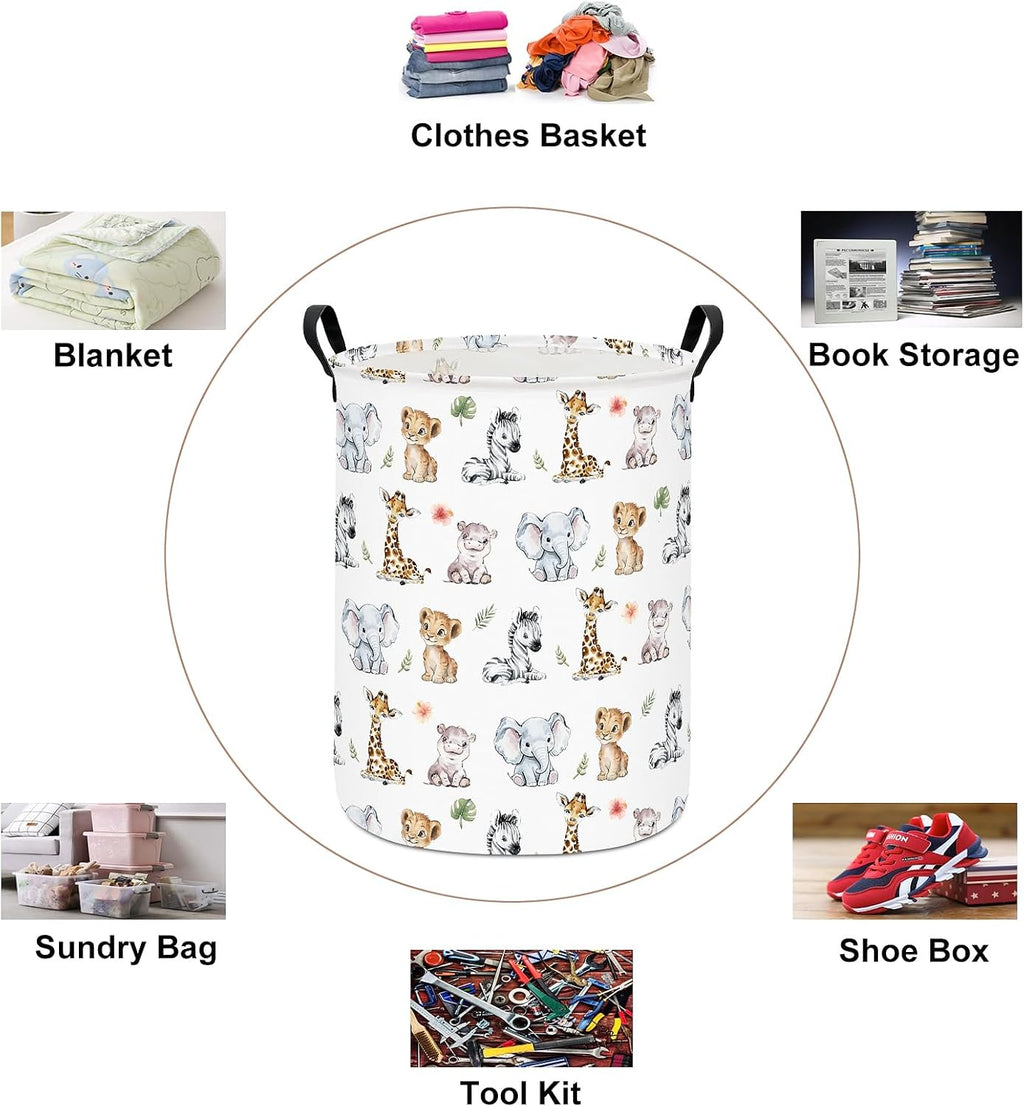 Round Collapsible Laundry Hamper with Handles, Jungle Animal Print