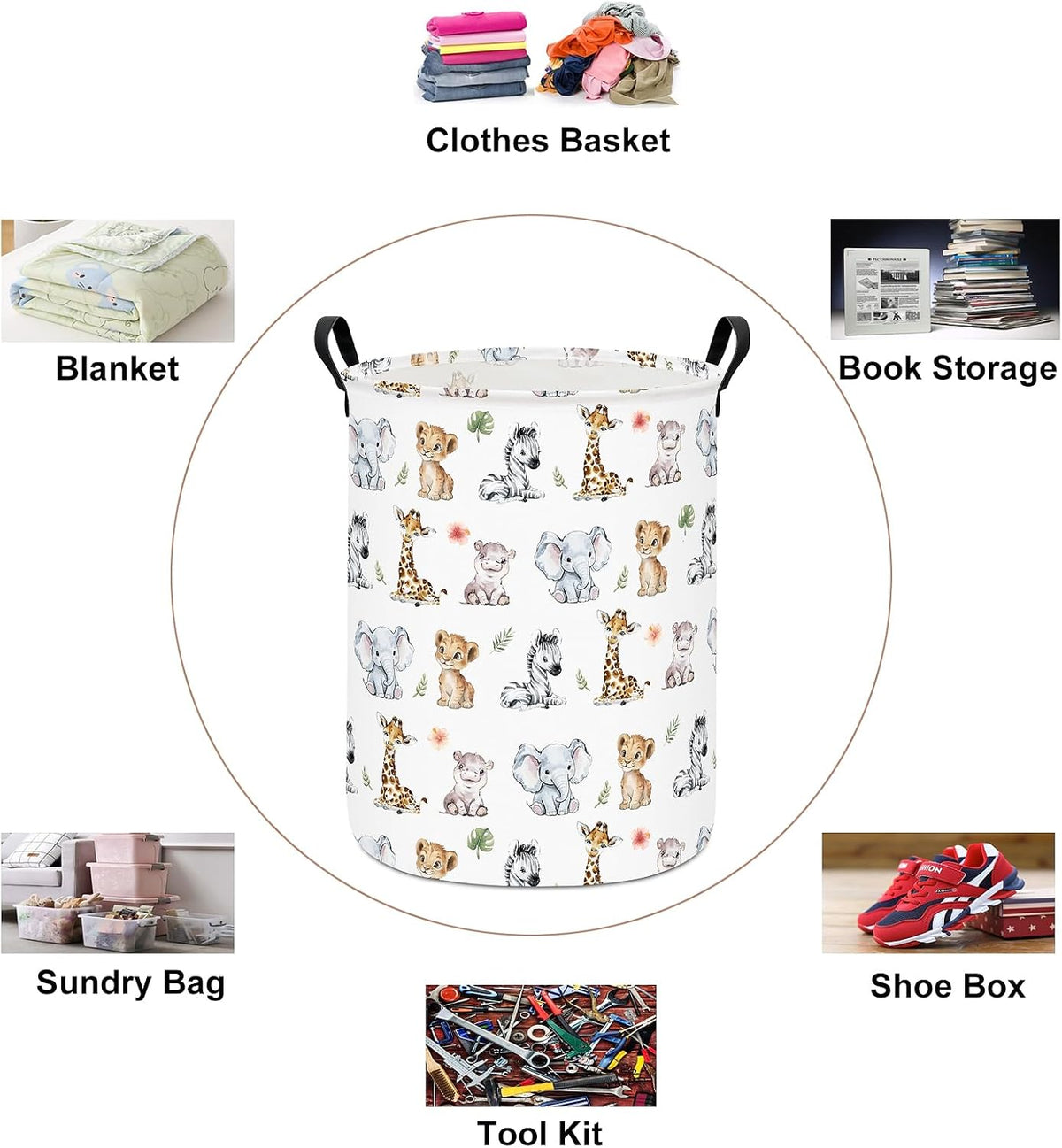 Round Collapsible Laundry Hamper with Handles, Jungle Animal Print