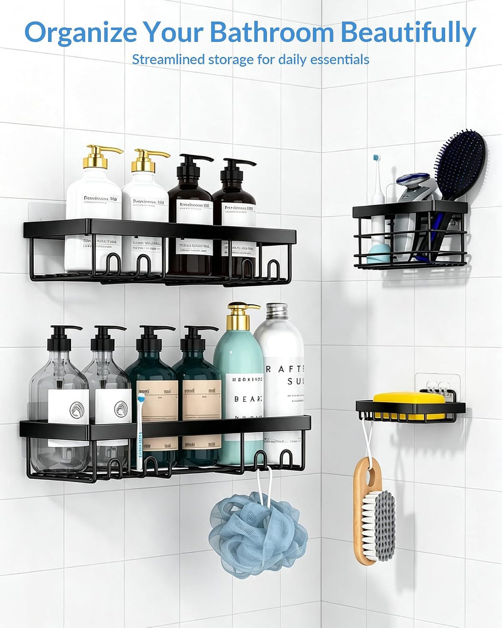 COOLMI Shower Caddy Adhesive Replacement, 4 Pack Double and Triple Hooks