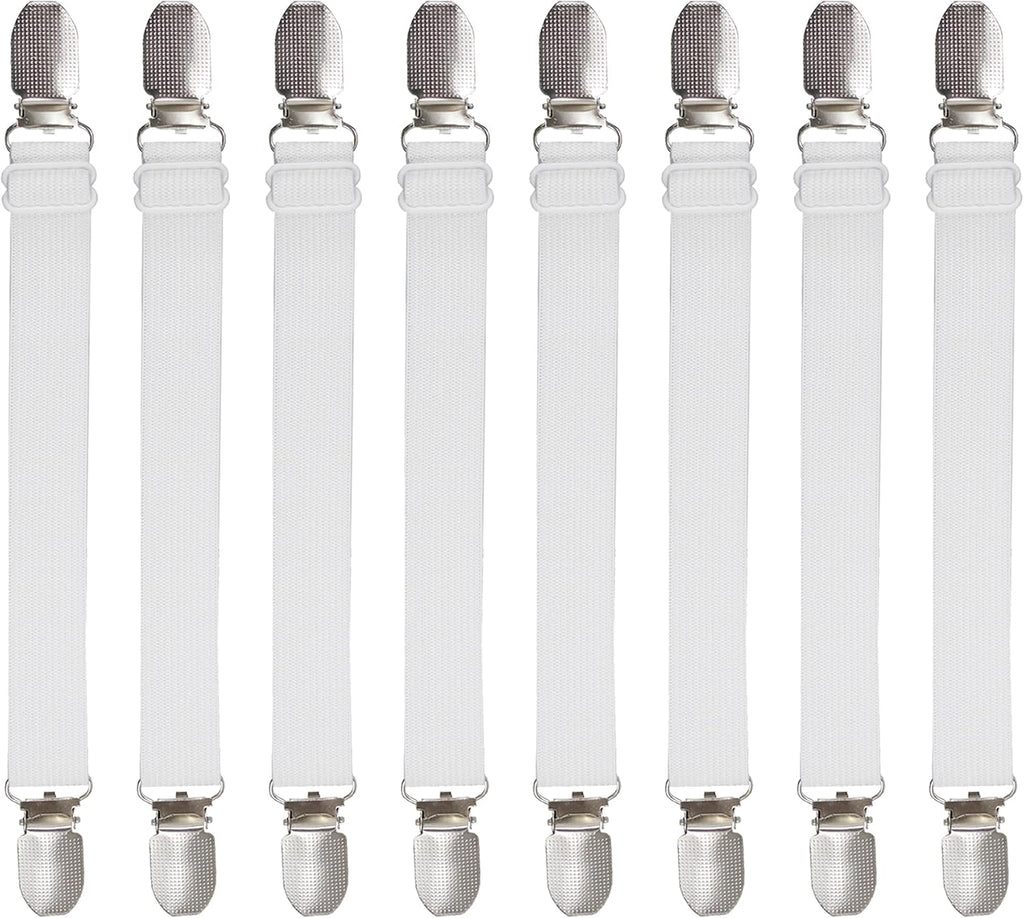 Adjustable Bed Sheet Straps Suspenders Elastic Sheet Fasteners Grippers Garters Clips for Flat & Fitted Sheet Corner Holder,Ironing Board Cover, Mattress, Cribs, Sofa Cushion& More(Short Type-8 Pack)
