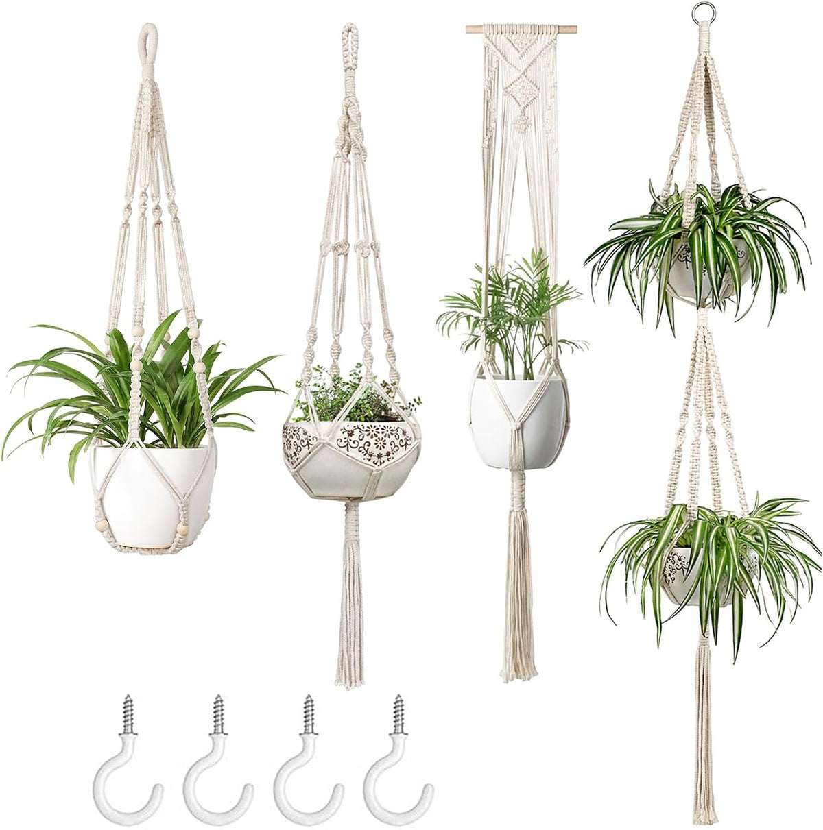 Mkono Macrame Plant Hangers Indoor Set of 4 Hanging Planter Basket Ivory