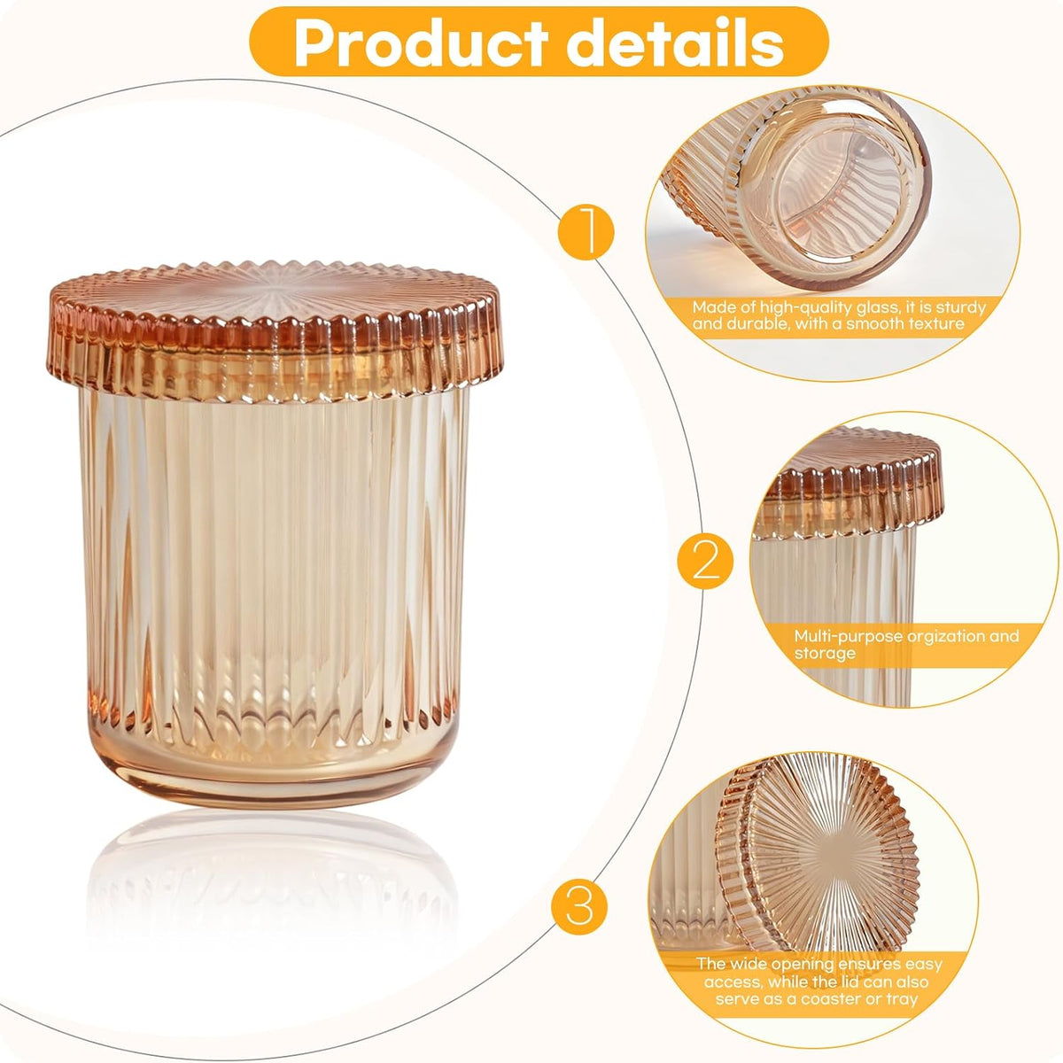 2 Pack Ribbed Glass Qtip Holder with Lid, Amber